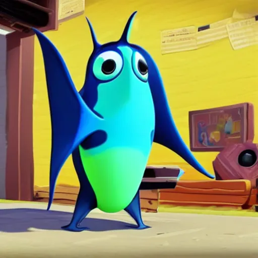 Image similar to a manta ray character who sells paints for splatoon by nintendo, in the calarts style, designed by nintendo, designed by pixar, cgi, professional, gaming