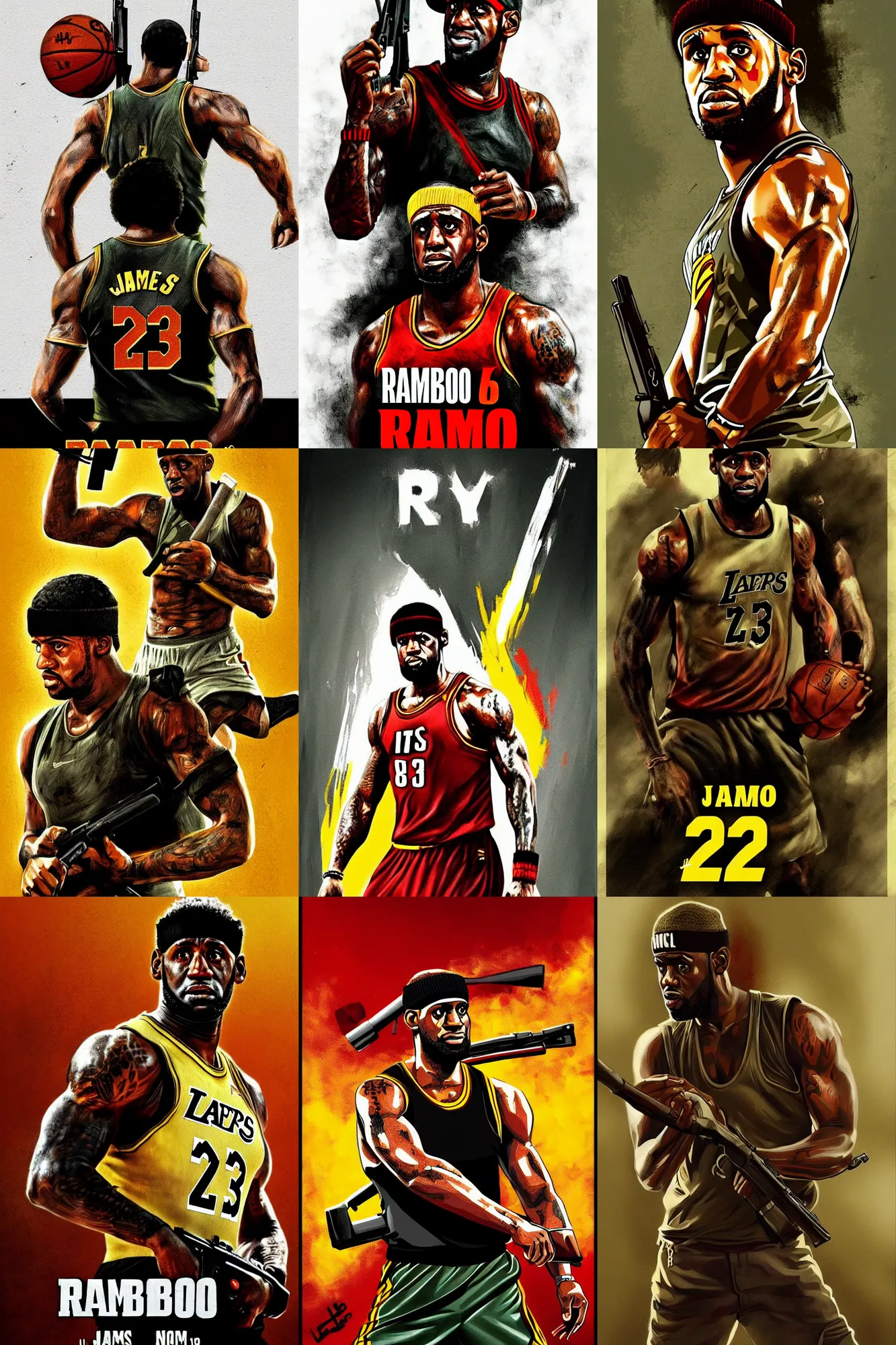 Prompt: rambo ( 1 9 8 1 ) fanart, lebron james as rambo, number 6, movie poster, fan art, digital art, trending on artstation