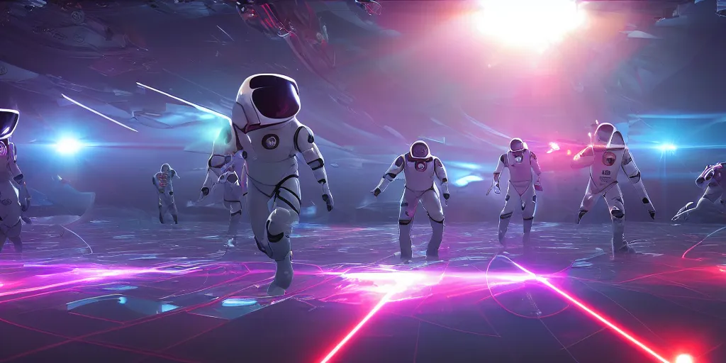 Image similar to futuristic spacemen firing lasers in zero gravity, skintight suits, floating, floating polygon shapes as obstacles, surrounded by a laser grid, unreal engine, lensflare, glow, bloom, neon