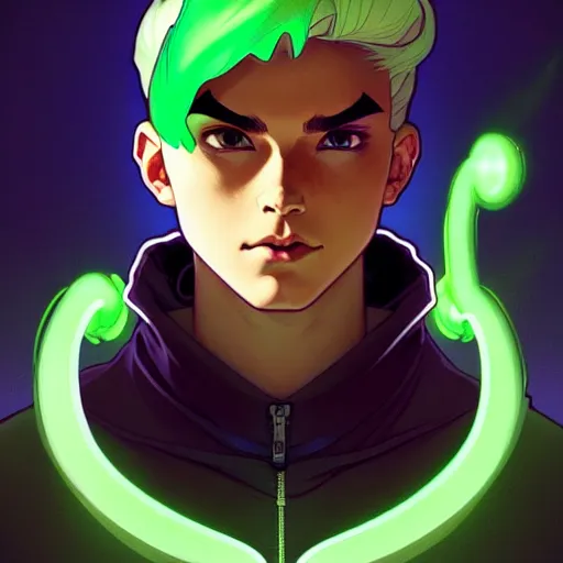 Image similar to a face portrait character design by artgerm, cushart krenz, greg rutkowski ross tran alphonse mucha. young danny phantom!! glowing green eyes!! bold outline sharp edges. ultra clear detailed. 8 k. elegant, neon colors, symmetry, intricate complexity, epic composition, magical atmosphere, cinematic lighting masterpiece trending on artstation 8 k octane.