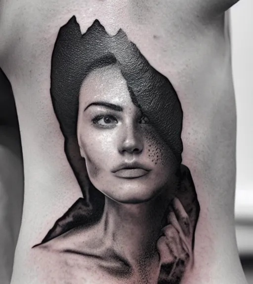 Image similar to double exposure of a hyper realistic mountain scenery with a beautiful woman face, tattoo design sketch, in the style of matteo pasqualin, hyper - realistic, amazing detail, black and white