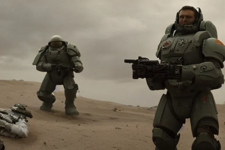 Image similar to VFX movie of a futuristic spacemarine in war zone, shooting gun natural lighting by Emmanuel Lubezki