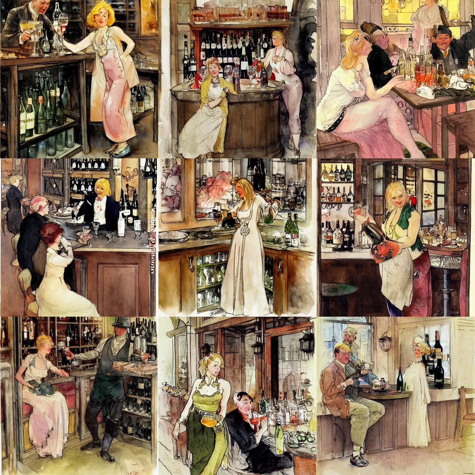 Prompt: blonde woman and boba!! fett!! drinking beer in a wine cellar, masterpiece, meat, pork, schnapps, watercolor by anders zorn and carl larsson, art nouveau