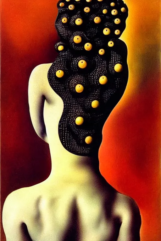 Image similar to beautiful woman by salvador dali, intricated details, 3 / 4 back view, hair styled in a bun, bendover posture, full body portrait, bright design, drips, autumn lights