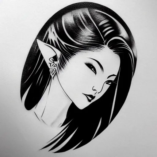 Image similar to tattoo design, stencil, portrait of a japanese girl, zelda, by artgerm,