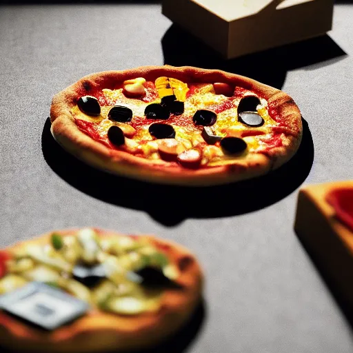Prompt: pizza made of walter white figurine stickers, unreal, render, splash, award winning photograph
