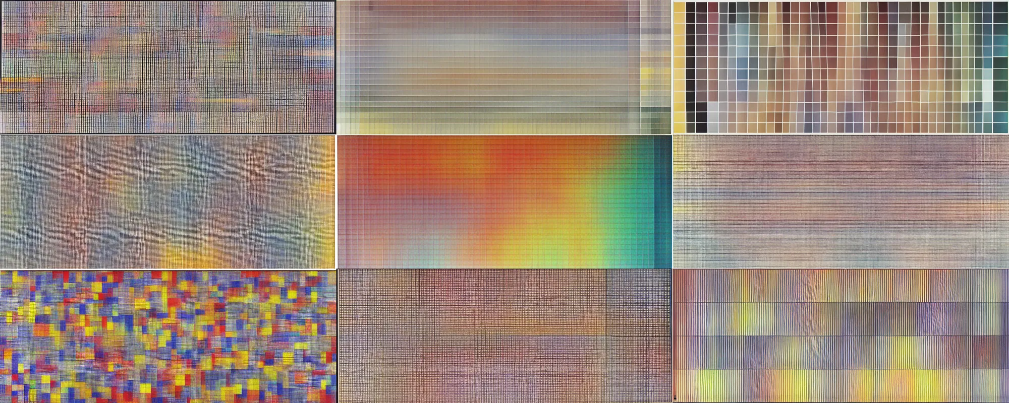 Prompt: a painting of a grid of 1 0 2 4 colored squares, muted color, by gerhard richter, white border and background, lacquer on canvas, 1 0 2 4 farben, color chart, abstract, geometric, sharp focus, highly detailed, 8 k, hd
