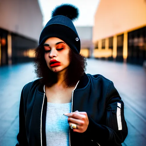 Image similar to Photograph of a mixed woman smoking, wearing a black beanie and black bomber jacket, urban environment, depth of field, 4k, 8k, hd, sigma 85mm f/1.4