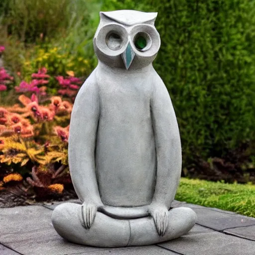 Image similar to concrete modern art garden statue of an owl dressed as a monk. the owl is holding a baby alpaca