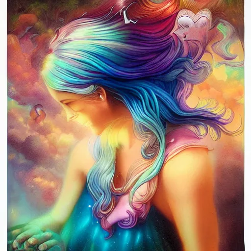 Prompt: woman with flowing iridescent hair, Polaroid candid, by Lisa Frank by Peter Mohrbacher by Artgerm by Ferdinand Knab by Alena Aenami by Dave LaChapelle