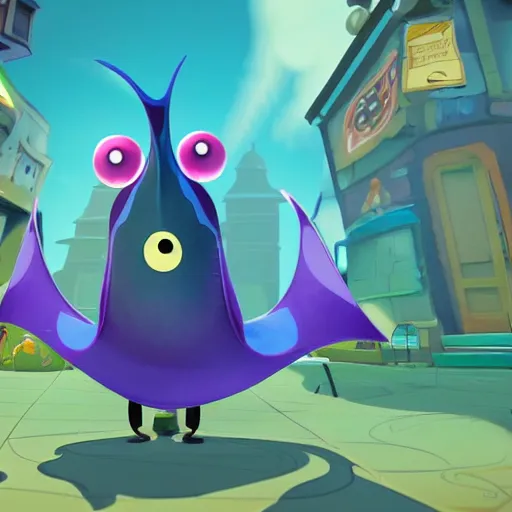 Image similar to a manta ray character who sells paints, designed by splatoon nintendo, inspired by tim shafer psychonauts 2 by double fine, cgi, professional design, gaming