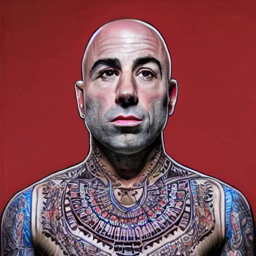 Image similar to joe rogan wearing a dress, oil painting, full body image, hyper realistic, close up, symmetrical, 4 k, highly ornate intricate details,