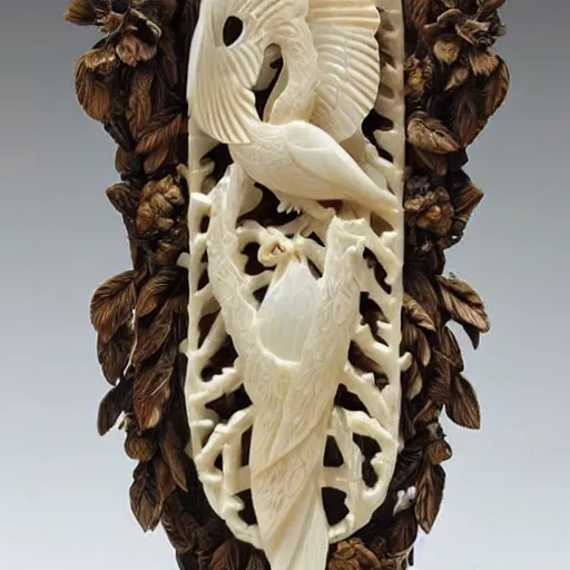 Image similar to a intricate ivory carving sculpture with birds and lemons and jungle leaves, ornate, complex, highly detailed, fine detail