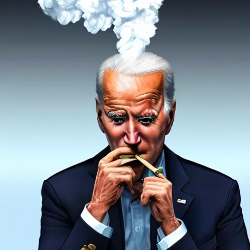 Image similar to joe biden smoking a giant rolled joint, smoke, amazing detail, realistic digital art, artstation