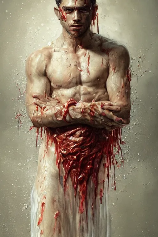 Prompt: breathtaking detailed soft painting of a man in gauze dress, by guillermo lorca, with piercing eyes in bleeding meat and flesh, dynamic pose and movement, in an intricate water splash, rembrandt style, elegant, highly detailed, artstation, concept art, matte, sharp focus,