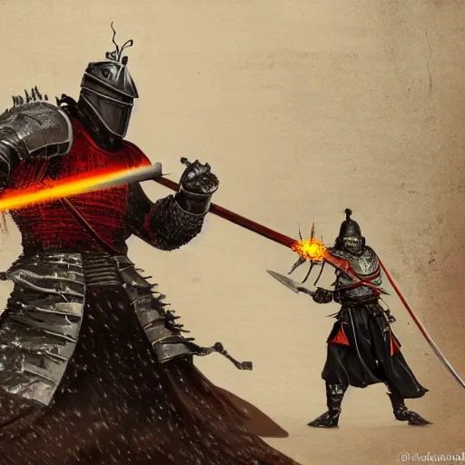 Image similar to medieval knight with a flaming greatsword dueling a samurai with a flaming katana at the foot of a mountain, concept art, matte painting, ultra fine detail, dark and gloomy