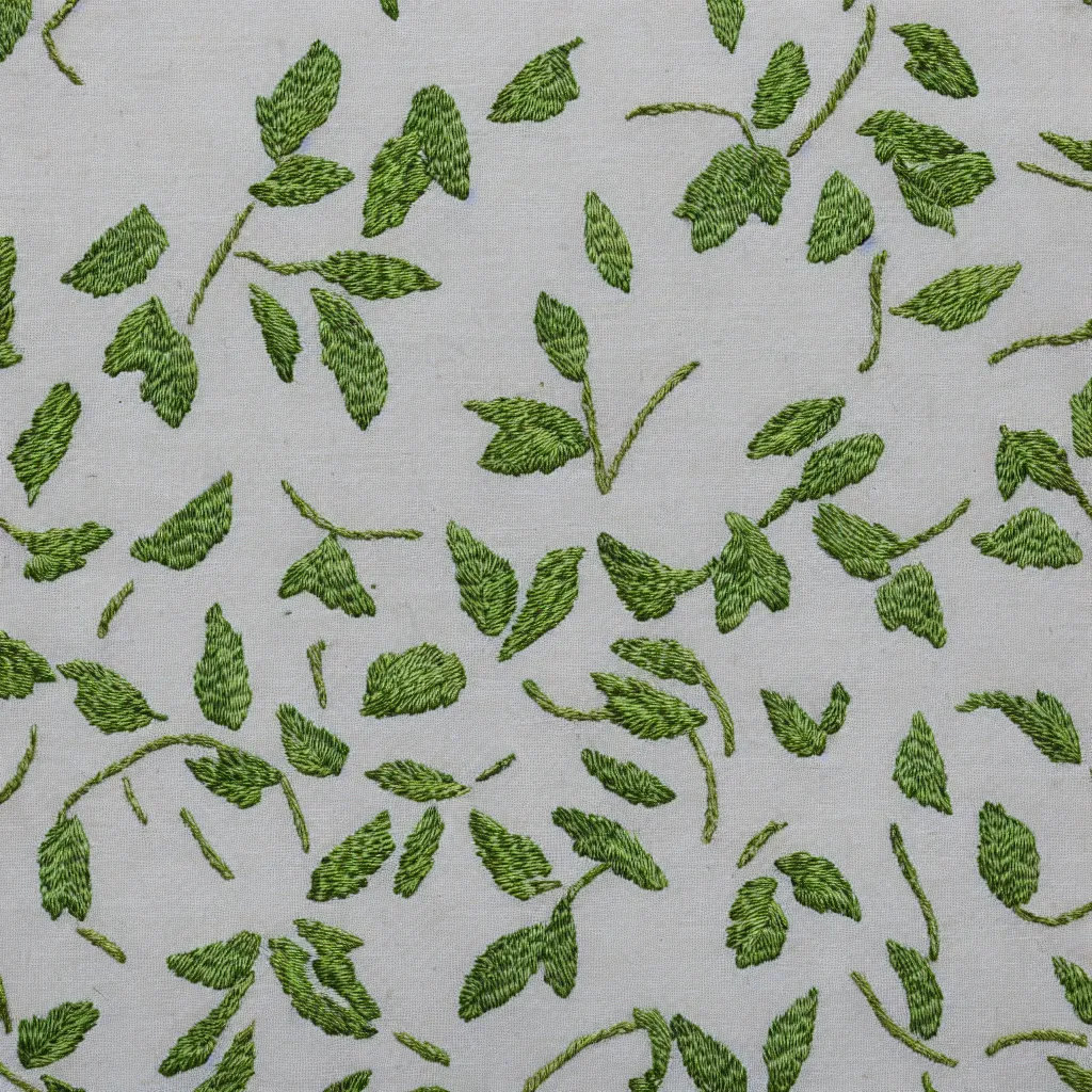 Prompt: embroidered pattern of currant leaves on white linen fabric