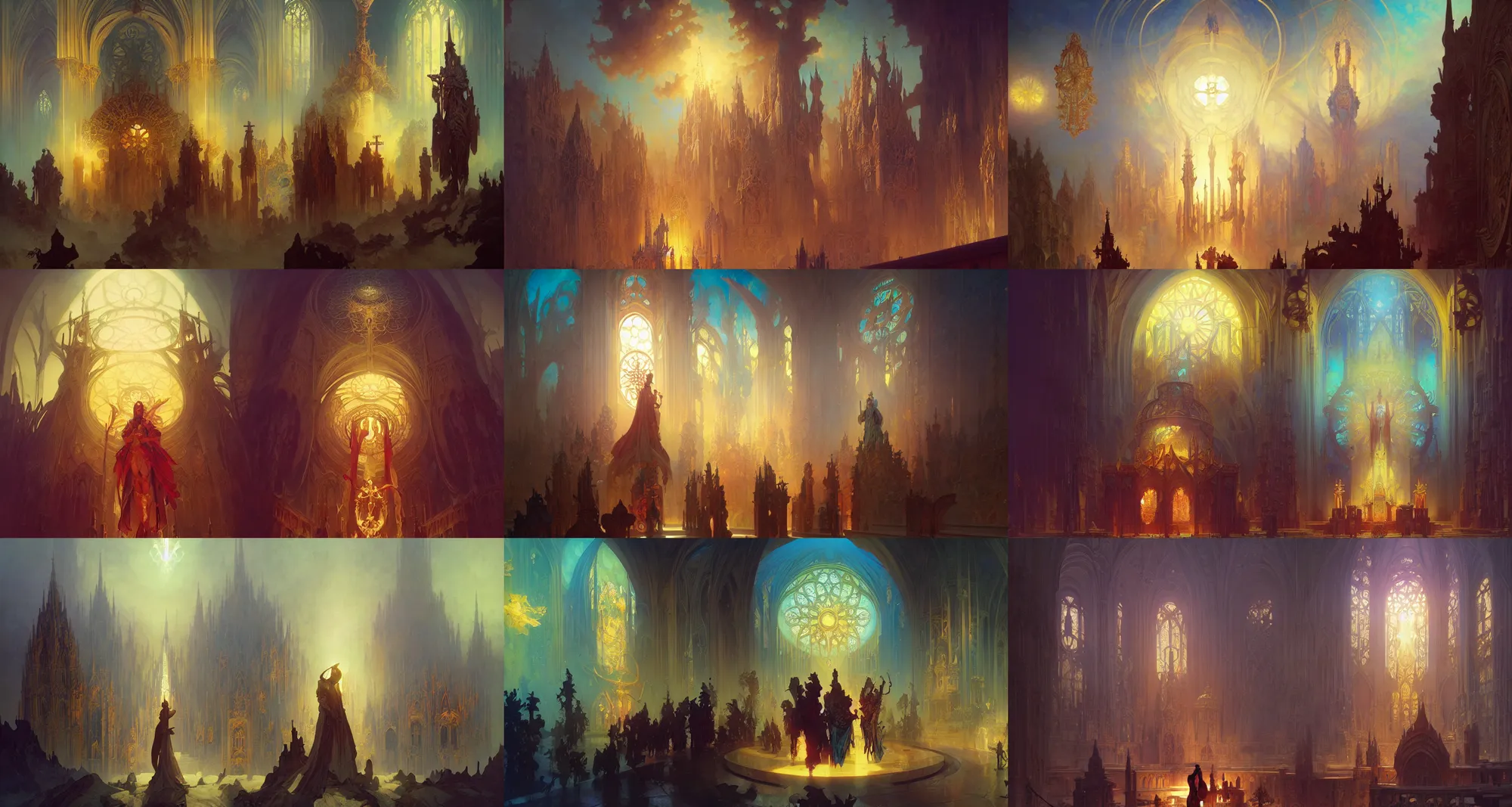 Prompt: cathedral of sun, fantasy, art by joseph leyendecker, peter mohrbacher, ivan aivazovsky, ruan jia, reza afshar, marc simonetti, alphonse mucha