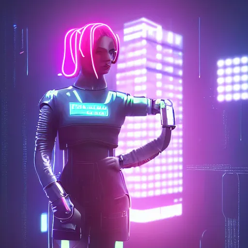 Image similar to female cyberpunk android in the style of beeple, neon lights, futuristic, 8 k resolution, trending on artstation, cg society, award winning