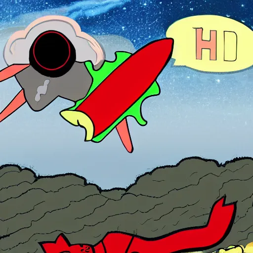 Prompt: overview of a red rocket with a evil dog in space