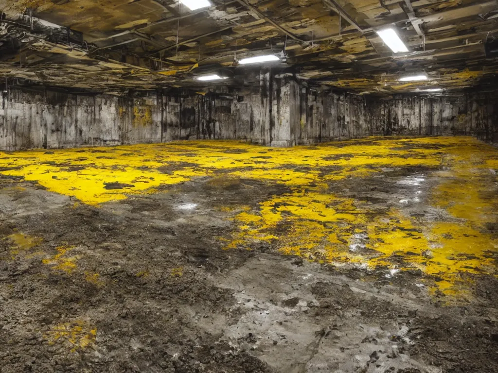 Image similar to photo of an underground waste facility, dark gloomy lighting, catwalks, yellow pools of sludge, rust