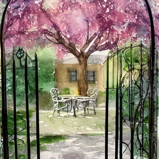 Image similar to delicate, chairs, garden, paved, botanic watercolors, iridescent, 8 k, realistic shaded, fine details, artstation, italian, iron gate, tree, mediterranean, mage