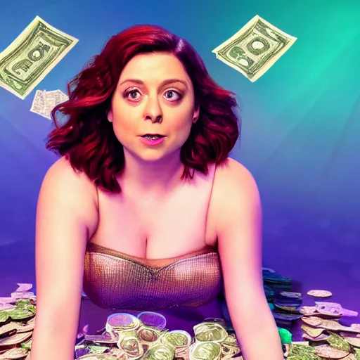 Prompt: rachel bloom as a beautiful mermaid pop star in a club surrounded by piles of money, ultra detailed, 8 k resolution, ultrarealistic