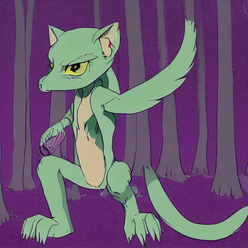 Prompt: concept art painting of an anthropomorphic purple gray hybrid reptile anime furry, in the deep forest, realistic, detailed, cel shaded, in the style of makoto shinkai and greg rutkowski and james gurney