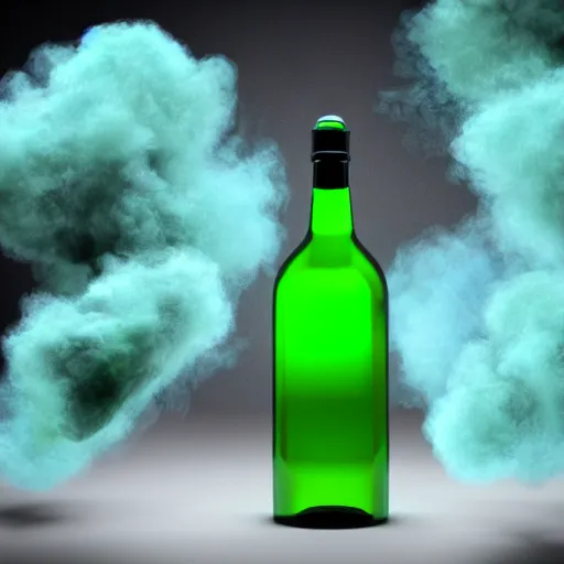 Image similar to https://s.mj.run/RjUUimhi8wU hyper-realistic photo of a green absinthe bottle surrounded by blue smoke swirling around, unreal engine, cinematic, hyper-realistic, DOF