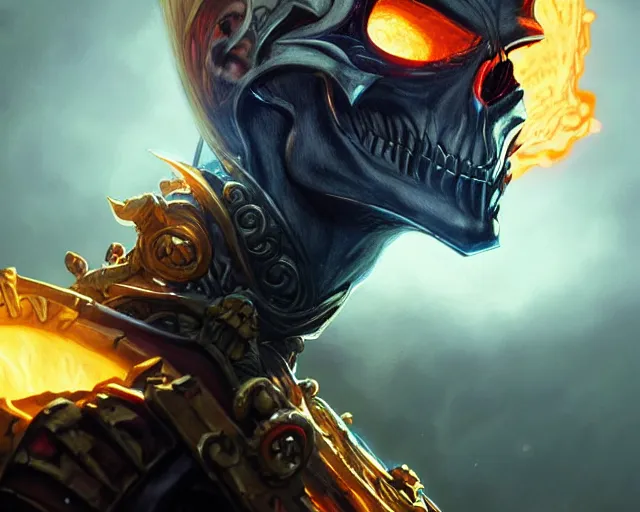 Image similar to a gaming screenshot still portrait of ghost rider, deep focus, d & d, fantasy, intricate, elegant, highly detailed, digital painting, artstation, concept art, matte, sharp focus, illustration, dark fantasy style art, hearthstone, art by artgerm and greg rutkowski and alphonse mucha