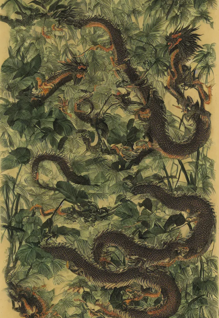 Prompt: vintage chinese dragon in a tropical forest, john james audubon, intaglio, 8 k resolution