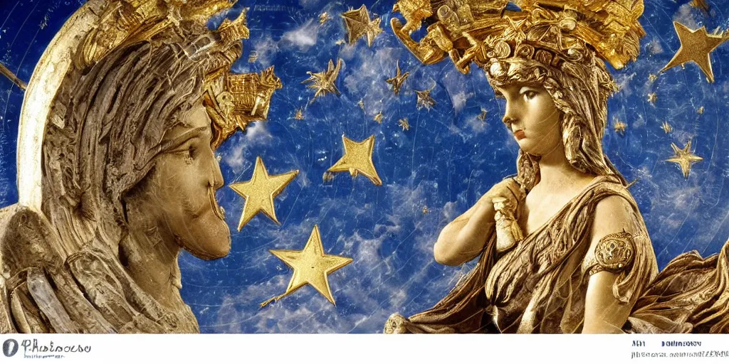 Prompt: majestic neorococo sistina saint Woman Venus godness Athena beautiful gracious pagans marble and gold in space stars clouds doves suns greeks Hyperion