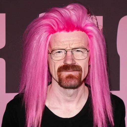 Image similar to walter white wearing a pink hair wig