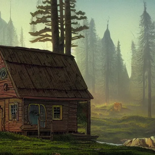 Image similar to the mystery shack from gravity falls, matte painting by kaspar david friedrich,