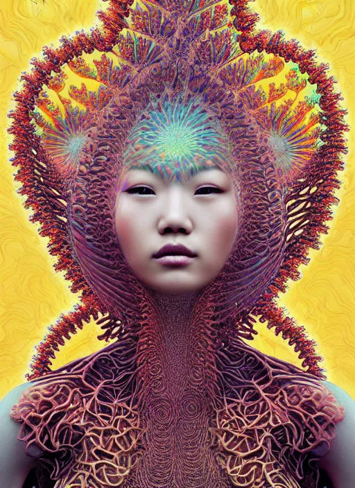 Prompt: ridiculously beautiful young asian woman tripping, coral fractals radiating from head with sacred geometry, natural, awakening, symmetrical, in the style of ernst haeckel, effervescent, warm, photo realistic, epic and cinematic