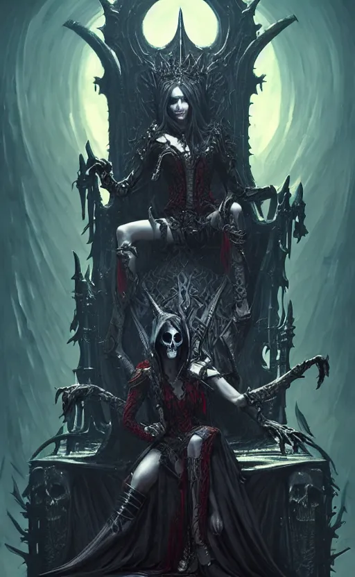 Image similar to desirable Vampire lord sitting on a skull throne, undead knights around her, fantasy, intricate, elegant, highly detailed, digital painting, artstation, concept art, matte, sharp focus, illustration, art by artgerm and Greg Rutkowski, dreadjim, zeen chin