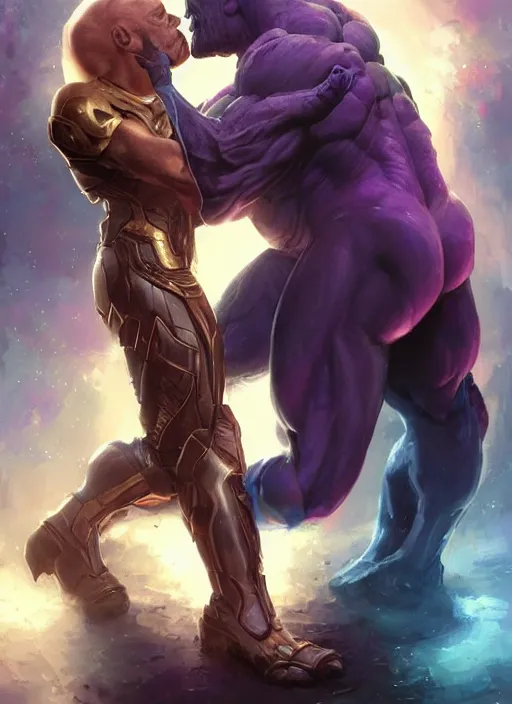 Prompt: thanos kissing dean norris, elegant, digital painting, concept art, smooth, sharp focus, illustration, from starcraft by ruan jia and mandy jurgens and artgerm and william - adolphe bouguerea