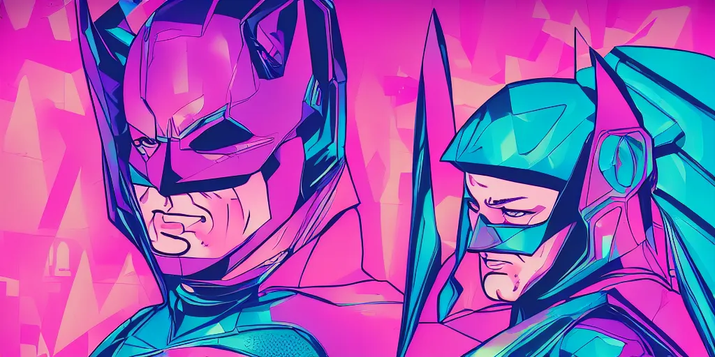 Image similar to vaporwave, vector graphics, batman cowl, portrait, synthwave, neon