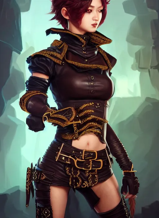 Image similar to rogue, fantasy ornate leather bandit outfit!!! beautiful and athletic short hair female!! gorgeous face and eyes!! character concept art, sharp focus, octane render! unreal engine 5! highly rendered!! trending on artstation!! detailed linework!! illustration by artgerm, wlop, and chie yoshii