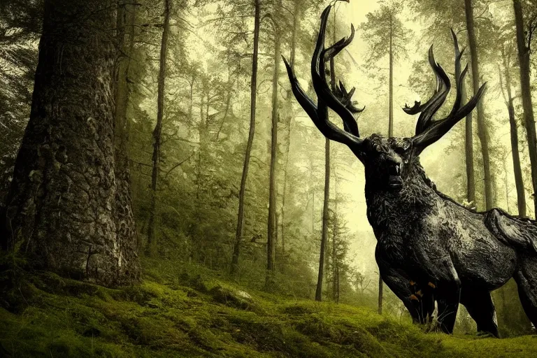 Image similar to mythological forest beast standing a swedish forest very low angle photograph trending on artstation