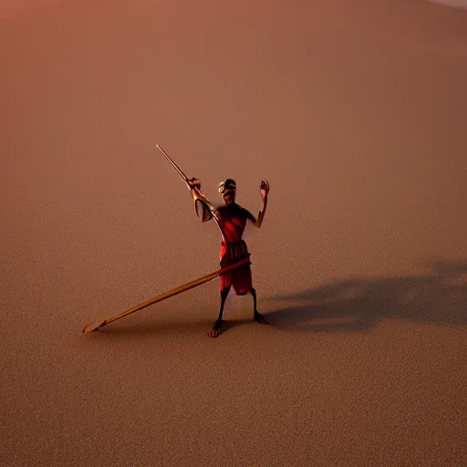 Prompt: zen republic rubian sandsurfing the dunes of the khali desert. red skin. cell shaded. high resolution