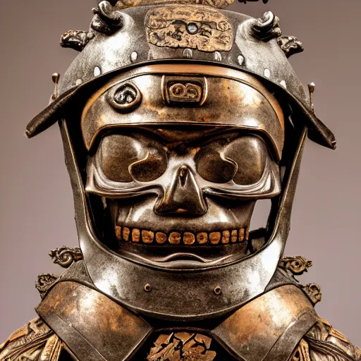 Prompt: old bronze skull of toyotomi hideyoshi wearing a samurai helmet, professional photo shot, depth of field, intricate details