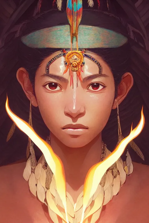 Prompt: woman of q'eros, peru amazon tribe, finely detailed perfect face, exquisite details, fire magic, mid view, design on a white background, by studio muti, greg rutkowski makoto shinkai takashi takeuchi studio ghibli