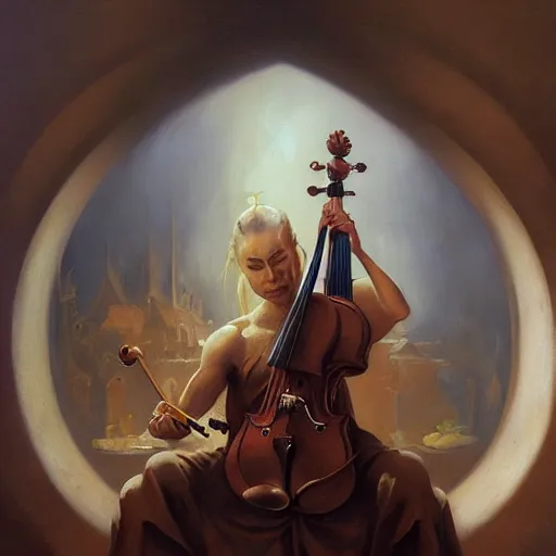 Prompt: bold simple baroque oil painting of violin interior, by peter mohrbacher, by frank frazetta, by alan lee, john howe, da vinci, large depth of field, super detailed, digital art, trending on artstation, ornate