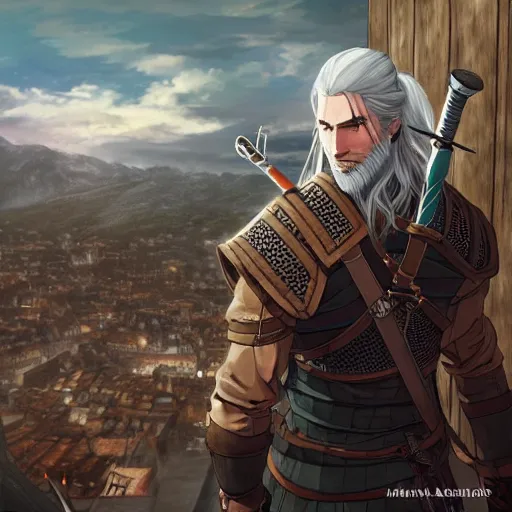 Image similar to Manga art of Witcher at the roof, by Stanley Artgerm Lau, WLOP, Rossdraws, James Jean, Andrei Riabovitchev, Marc Simonetti, Yoshitaka Amano, ArtStation, CGSociety,