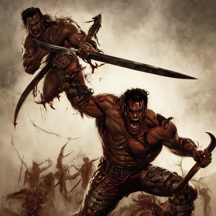 Image similar to Ash Williams from The evil dead, manowar album, Muscular man, striking demon with large bloody barbarian sword, D&D, fantasy, intricate, cinematic lighting, highly detailed, digital painting, artstation, concept art, smooth, sharp focus, illustration by Frank Frazetta,