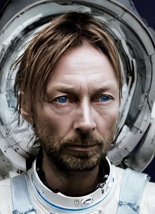 Prompt: calm thom yorke singer songwriter frontman, in spacesuit filling up with water, ultrafine detail, hyper realistic face, beautiful blue eyes, black spherical pupils, eyes reflecting into eyes reflecting into infinity, eyes reflecting into eyes reflecting into infinity