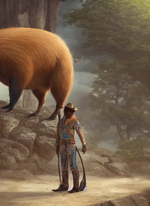 Image similar to detailed full body concept oil painting of a capybara cowboy, elegant pose, fantasy, illustration, insanely detailed and intricate clothing, octane render, 4k