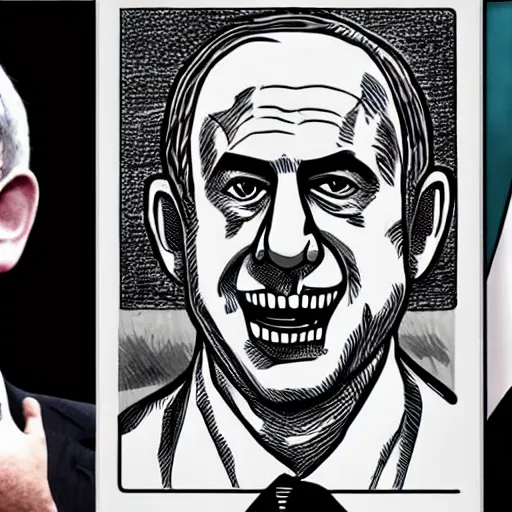 Image similar to Benjamin Netanyahu as a terrifying monster by Junji Ito