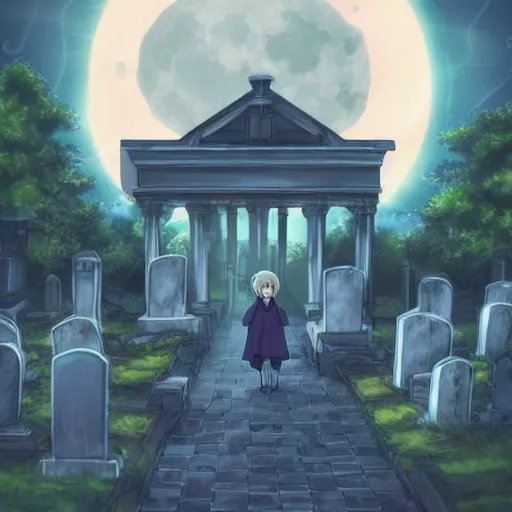 Image similar to anime hd, anime, 2 0 1 9 anime, ghost children, children born as ghosts, london cemetery, albion, london architecture, buildings, gloomy lighting, moon in the sky, gravestones, creepy smiles